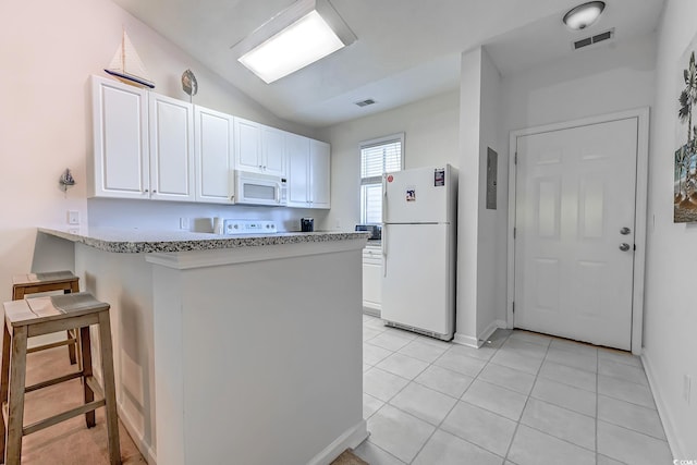 601 N Hillside Dr Unit 4434, North Myrtle Beach, SC 29582 - kitchen featuring white appliances, white cabinetry, a peninsula, electric panel, and light tile patterned floors