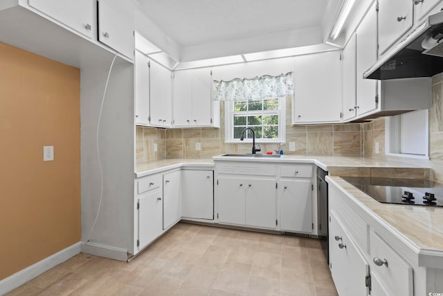 1043 S Main St, Aynor, SC 29511 - kitchen with a sink, under cabinet range hood, black electric stovetop, decorative backsplash, and white cabinets