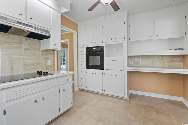 1043 S Main St, Aynor, SC 29511 - kitchen featuring black appliances, under cabinet range hood, ceiling fan, ornamental molding, and open shelves