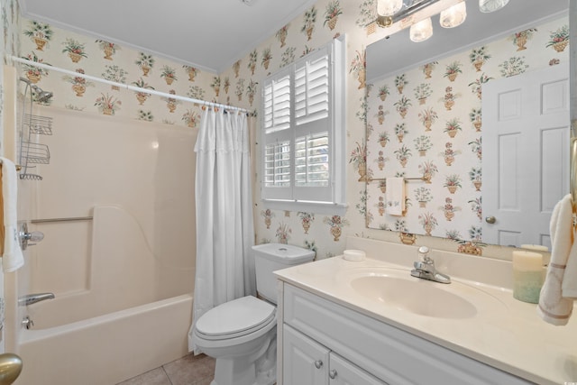 578 Circle Dr, Myrtle Beach, SC 29575 - bathroom featuring wallpapered walls, crown molding, vanity, shower / bathtub combination with curtain, and toilet