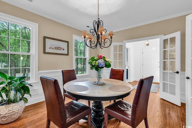 179 Golden Bear Dr Unit C4, Pawleys Island, SC 29585 - dining area with a chandelier, light wood-style flooring, healthy amount of natural light, ornamental molding, and wainscoting
