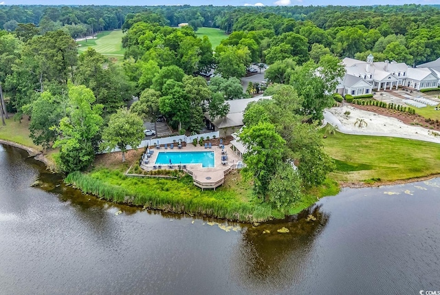 179 Golden Bear Dr Unit C4, Pawleys Island, SC 29585 - bird's eye view of a pool, a nearby body of water, and a heavily wooded area
