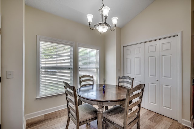 205 Threshing Way Unit 1052, Myrtle Beach, SC 29579 - dining room with a chandelier, light wood-type flooring, baseboards, and vaulted ceiling