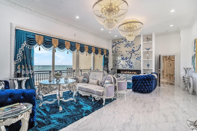 123 Pioneer Loop, Georgetown, SC 29440 - living area featuring recessed lighting, ornamental molding, a chandelier, marble finish flooring, and a water view