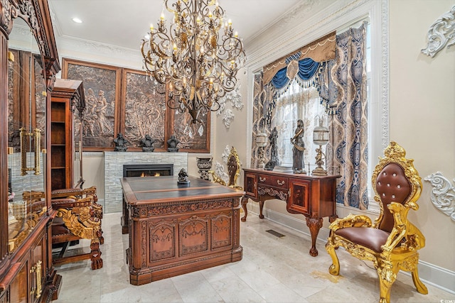 123 Pioneer Loop, Georgetown, SC 29440 - home office with a chandelier, crown molding, and a warm lit fireplace