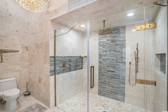 123 Pioneer Loop, Georgetown, SC 29440 - bathroom featuring a shower stall, toilet, recessed lighting, tile walls, and a chandelier