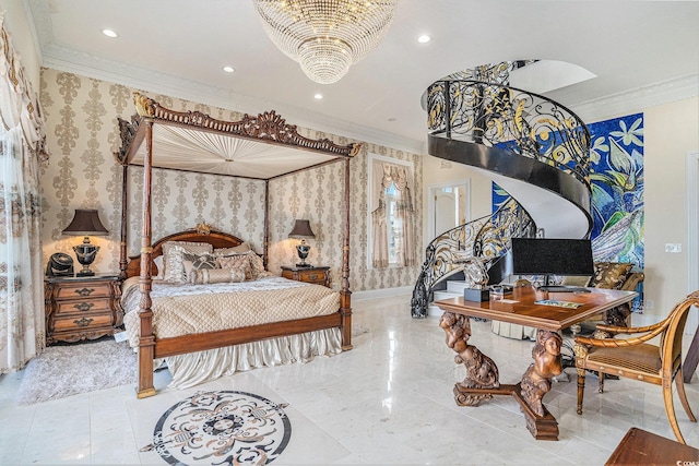 123 Pioneer Loop, Georgetown, SC 29440 - bedroom featuring wallpapered walls, ornamental molding, a chandelier, recessed lighting, and baseboards