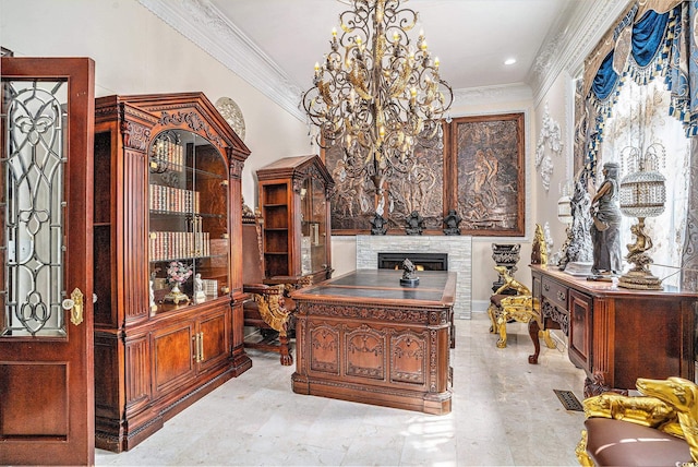 123 Pioneer Loop, Georgetown, SC 29440 - wine room with a chandelier, a fireplace, ornamental molding, and recessed lighting
