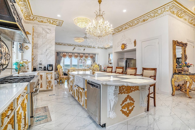 123 Pioneer Loop, Georgetown, SC 29440 - kitchen featuring stainless steel appliances, light marble finish floors, a chandelier, light countertops, and recessed lighting
