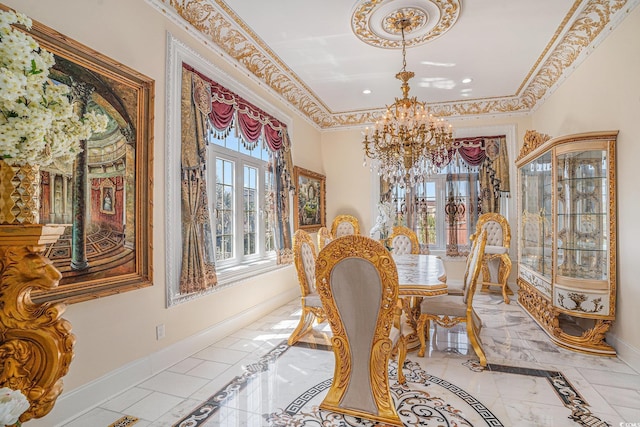 123 Pioneer Loop, Georgetown, SC 29440 - dining room with inlaid floor details, a chandelier, baseboards, marble tiled flooring, and recessed lighting