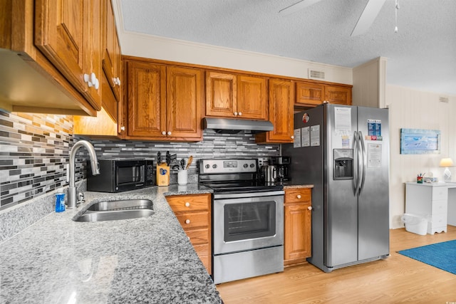 6309 N Ocean Blvd Unit 14E, North Myrtle Beach, SC 29582 - kitchen with appliances with stainless steel finishes, a sink, under cabinet range hood, tasteful backsplash, and a textured ceiling