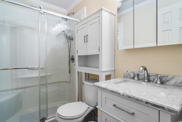 6309 N Ocean Blvd Unit 14E, North Myrtle Beach, SC 29582 - full bathroom with ornamental molding, vanity, a shower stall, and toilet