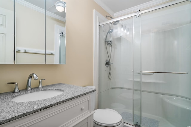 6309 N Ocean Blvd Unit 14E, North Myrtle Beach, SC 29582 - bathroom with a shower stall, crown molding, toilet, and vanity