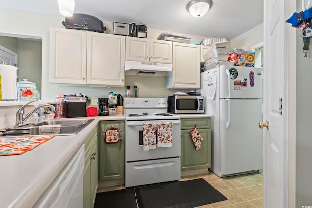 3676 Clay Pond Village Ln Unit 4, Myrtle Beach, SC 29579 - kitchen with green cabinetry, white appliances, under cabinet range hood, a sink, and light countertops