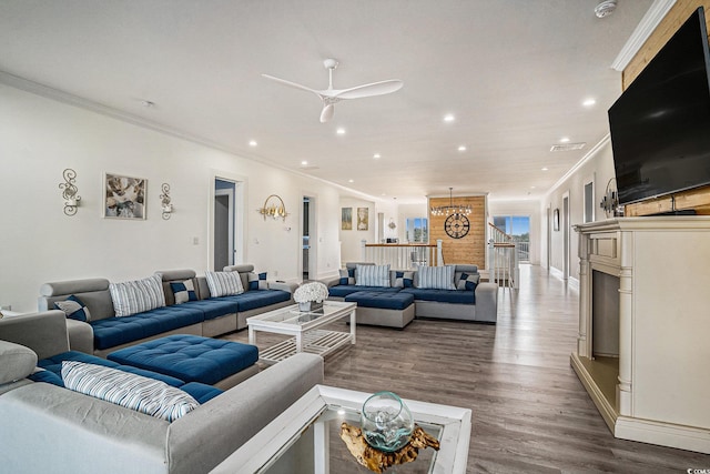 139 Pioneer Loop, Georgetown, SC 29440 - living room with recessed lighting, ornamental molding, dark wood finished floors, and a ceiling fan