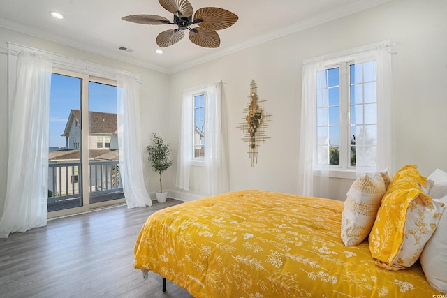 139 Pioneer Loop, Georgetown, SC 29440 - bedroom with access to exterior, wood finished floors, ornamental molding, recessed lighting, and ceiling fan