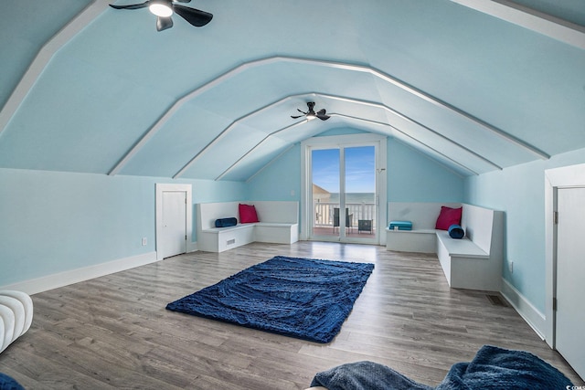 139 Pioneer Loop, Georgetown, SC 29440 - bedroom with access to exterior, wood finished floors, lofted ceiling, and a ceiling fan