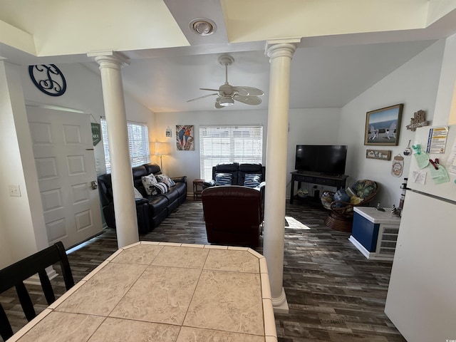 6001-Z67 S Kings Hwy, Myrtle Beach, SC 29575 - living room featuring ornate columns, a ceiling fan, dark wood finished floors, and lofted ceiling