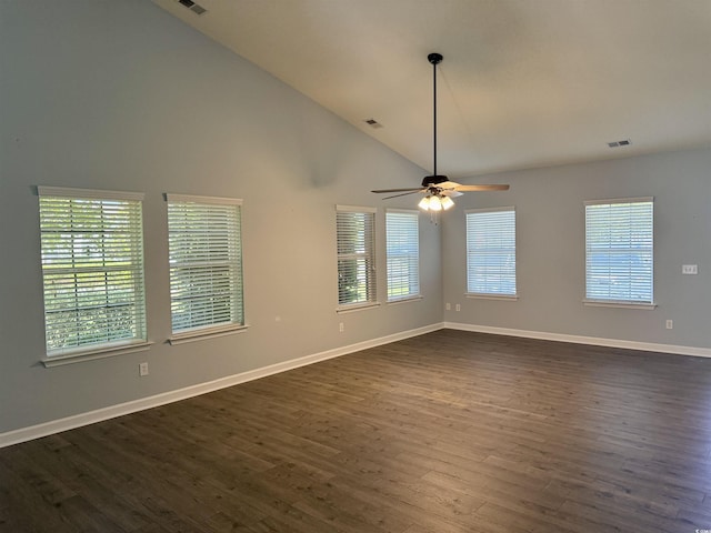 152 Rose Water Loop, Myrtle Beach, SC 29588 - empty room featuring dark wood-style flooring, a ceiling fan, high vaulted ceiling, and baseboards
