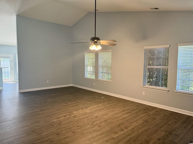 152 Rose Water Loop, Myrtle Beach, SC 29588 - spare room featuring vaulted ceiling, ceiling fan, dark wood-style flooring, and baseboards