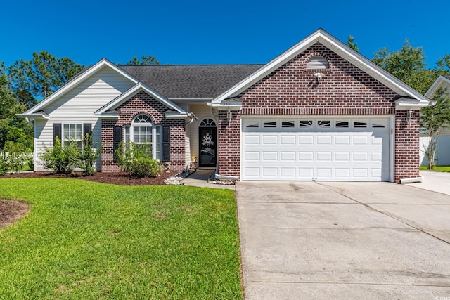 359 Harbour Reef Dr, Myrtle Beach, SC 29588 - view of front of home with brick siding, driveway, a garage, a front yard, and roof with shingles