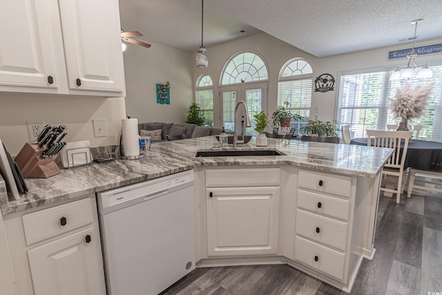 359 Harbour Reef Dr, Myrtle Beach, SC 29588 - kitchen with dishwasher, a sink, dark wood-style floors, ceiling fan, and white cabinets