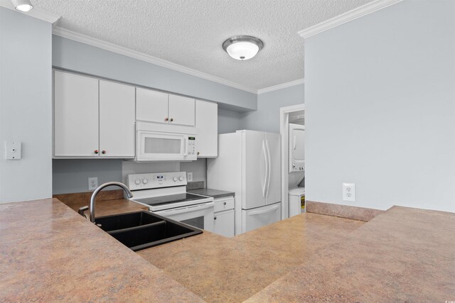 4350 Intercoastal Dr Unit 2408, Little River, SC 29566 - kitchen featuring white appliances, a sink, stacked washing machine and dryer, a textured ceiling, and crown molding