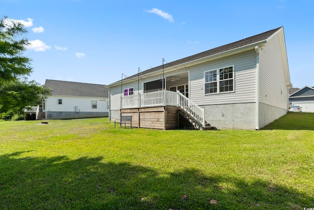 417 Grain Field Dr, Georgetown, SC 29440 - rear view of property with stairs, ceiling fan, a yard, and a wooden deck