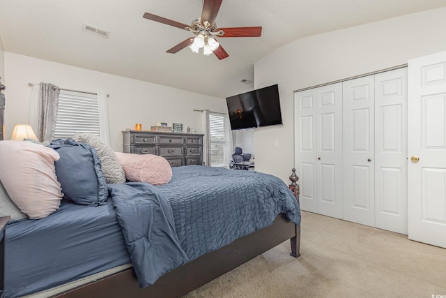 310 Kiskadee Loop Unit D, Conway, SC 29526 - bedroom with lofted ceiling, light colored carpet, a closet, and a ceiling fan