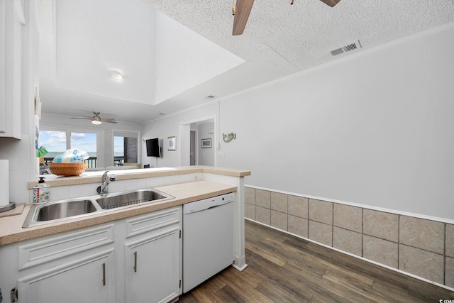 208 Ocean Blvd N Unit 324, North Myrtle Beach, SC 29582 - kitchen featuring dishwasher, ceiling fan, a sink, dark wood-style flooring, and a textured ceiling