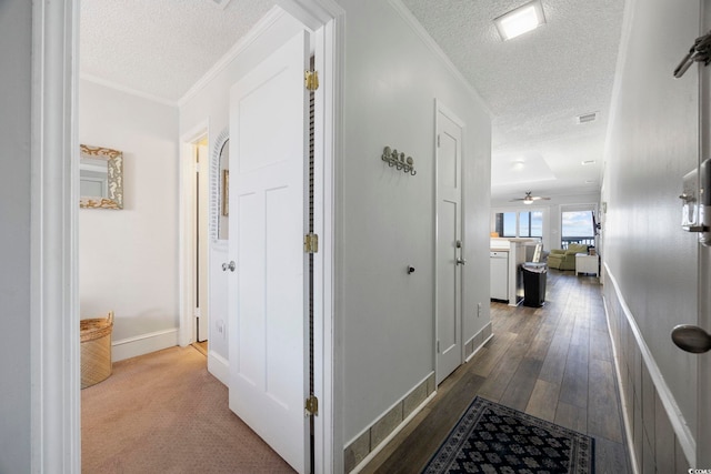 208 Ocean Blvd N Unit 324, North Myrtle Beach, SC 29582 - corridor with a textured ceiling, baseboards, ornamental molding, and dark wood-style floors