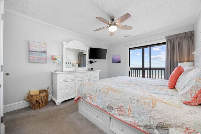 208 Ocean Blvd N Unit 324, North Myrtle Beach, SC 29582 - bedroom with a textured ceiling, crown molding, access to exterior, light carpet, and a ceiling fan