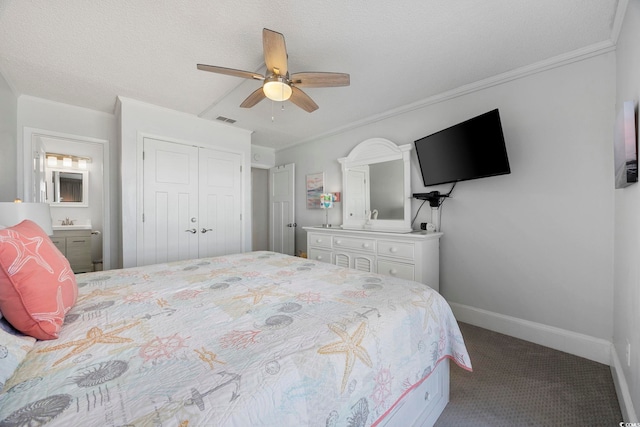 208 Ocean Blvd N Unit 324, North Myrtle Beach, SC 29582 - bedroom with carpet floors, crown molding, baseboards, a closet, and ceiling fan