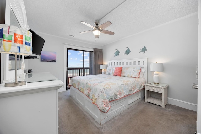 208 Ocean Blvd N Unit 324, North Myrtle Beach, SC 29582 - bedroom with a textured ceiling, light colored carpet, access to outside, ornamental molding, and ceiling fan