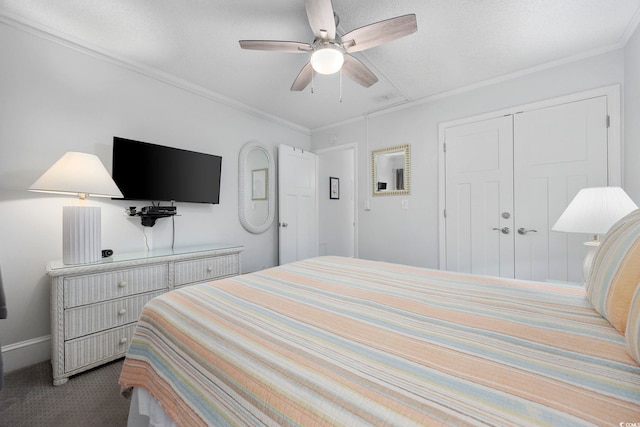 208 Ocean Blvd N Unit 324, North Myrtle Beach, SC 29582 - carpeted bedroom with a closet, ceiling fan, and ornamental molding