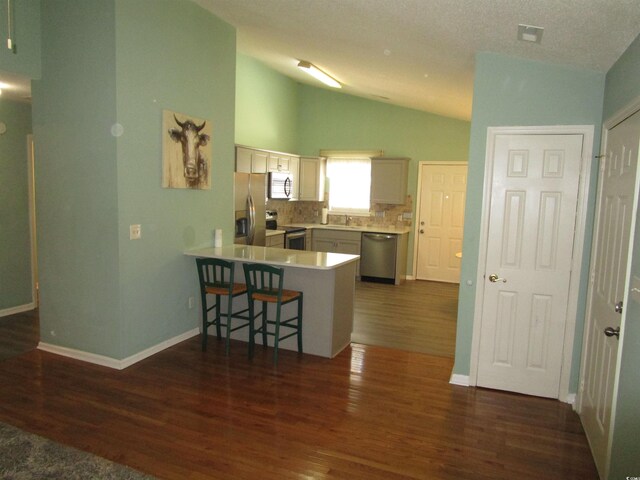 811 Rogers Rd, Myrtle Beach, SC 29577 - kitchen featuring appliances with stainless steel finishes, lofted ceiling, a peninsula, dark wood finished floors, and a sink