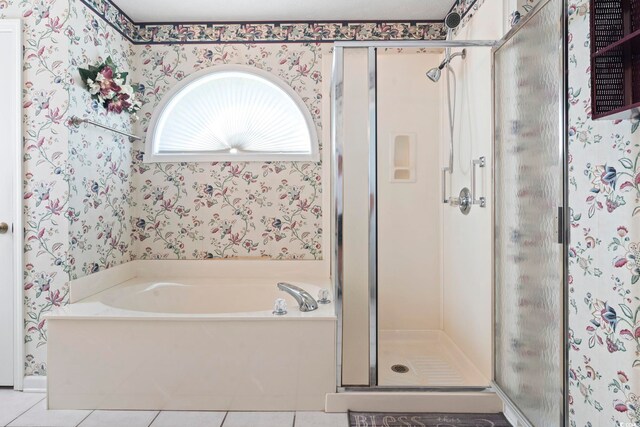4012 Grousewood Dr, Myrtle Beach, SC 29588 - full bath featuring wallpapered walls, a shower stall, a bath, and tile patterned flooring