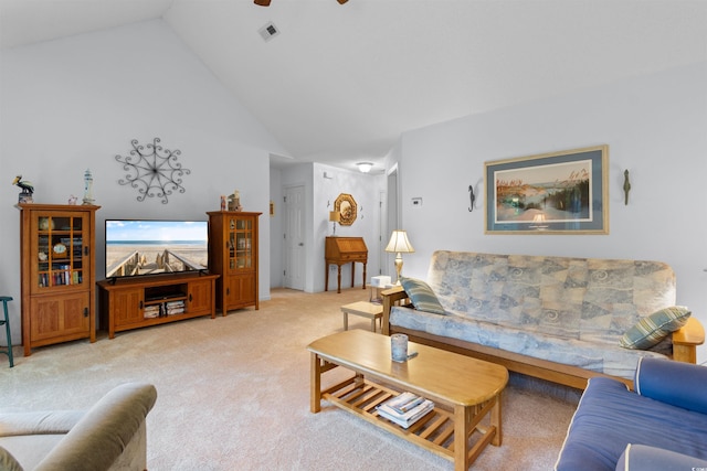 250 Nature Trl, Little River, SC 29566 - carpeted living room with high vaulted ceiling and a ceiling fan