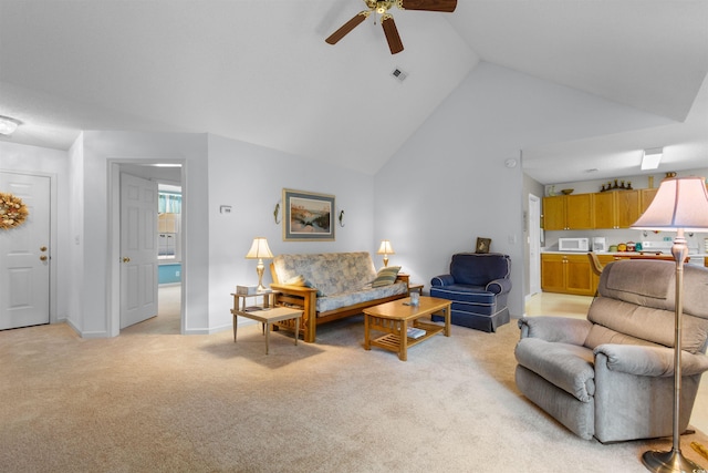 250 Nature Trl, Little River, SC 29566 - living room featuring ceiling fan, lofted ceiling, and light colored carpet