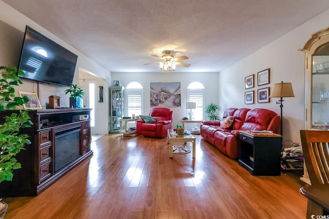 1437 Baldwin Ct Unit 1437, Little River, SC 29566 - living room with wood finished floors, a ceiling fan, arched walkways, and a fireplace