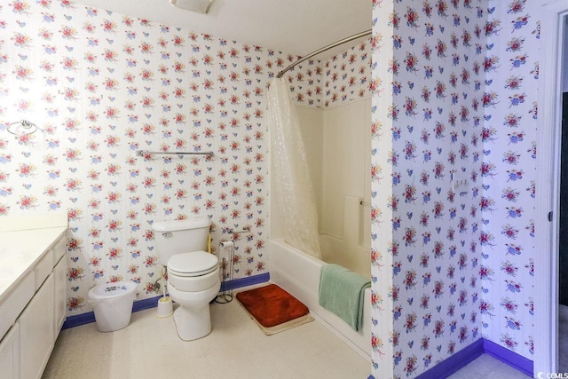 1437 Baldwin Ct Unit 1437, Little River, SC 29566 - full bathroom with wallpapered walls, vanity, shower / bath combination with curtain, and tile patterned floors