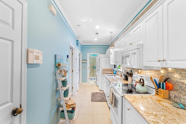 230 Addison Cottage Way, Murrells Inlet, SC 29576 - kitchen with white appliances, light tile patterned flooring, tasteful backsplash, white cabinetry, and ornamental molding