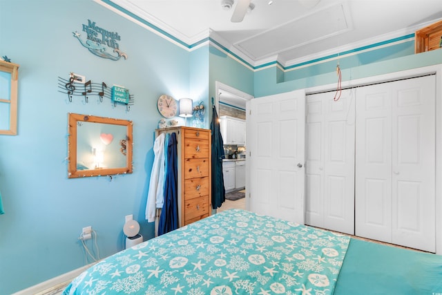 230 Addison Cottage Way, Murrells Inlet, SC 29576 - bedroom featuring attic access, crown molding, a closet, and a ceiling fan