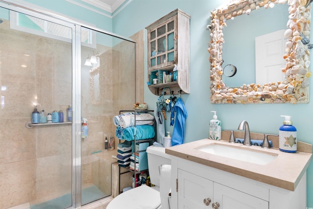230 Addison Cottage Way, Murrells Inlet, SC 29576 - bathroom with vanity, toilet, crown molding, and a shower stall