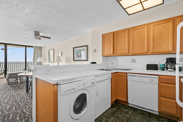 2500 N Ocean Blvd Unit 601, Myrtle Beach, SC 29577 - kitchen featuring white dishwasher, a sink, ceiling fan, light countertops, and a textured ceiling