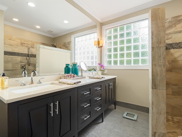 1325 Clipper Dr, North Myrtle Beach, SC 29582 - bathroom with double vanity, walk in shower, ornamental molding, and recessed lighting