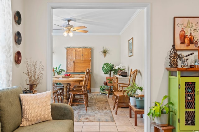 1609 Bridgebrook Ln, Conway, SC 29527 - dining room featuring ceiling fan, crown molding, and light tile patterned floors