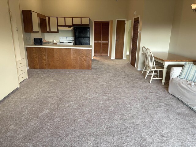 1930 Bent Grass Dr Unit 39H, Surfside Beach, SC 29575 - kitchen with freestanding refrigerator, white range with electric cooktop, under cabinet range hood, carpet, and open floor plan