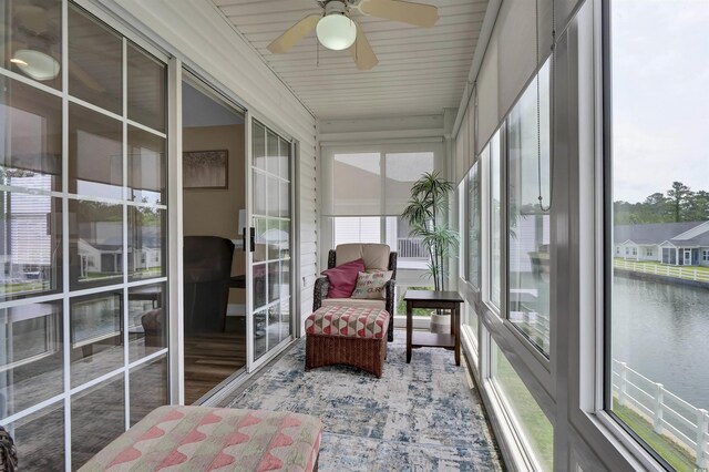 8855 Radcliff Dr NW Unit 53C, Calabash, NC 28467 - sunroom / solarium featuring a water view, ceiling fan, and wood finished floors