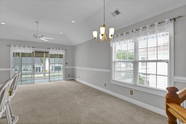 8855 Radcliff Dr NW Unit 53D, Calabash, NC 28467 - carpeted spare room with a chandelier, ceiling fan, and vaulted ceiling